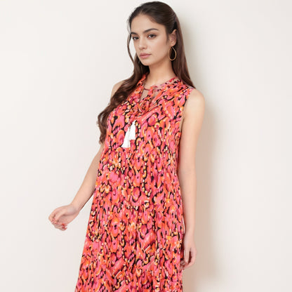 Anna-Kaci Women's Sleeveless Tiered Maxi Dress with Vibrant Abstract Print and Tassel Tie Detail