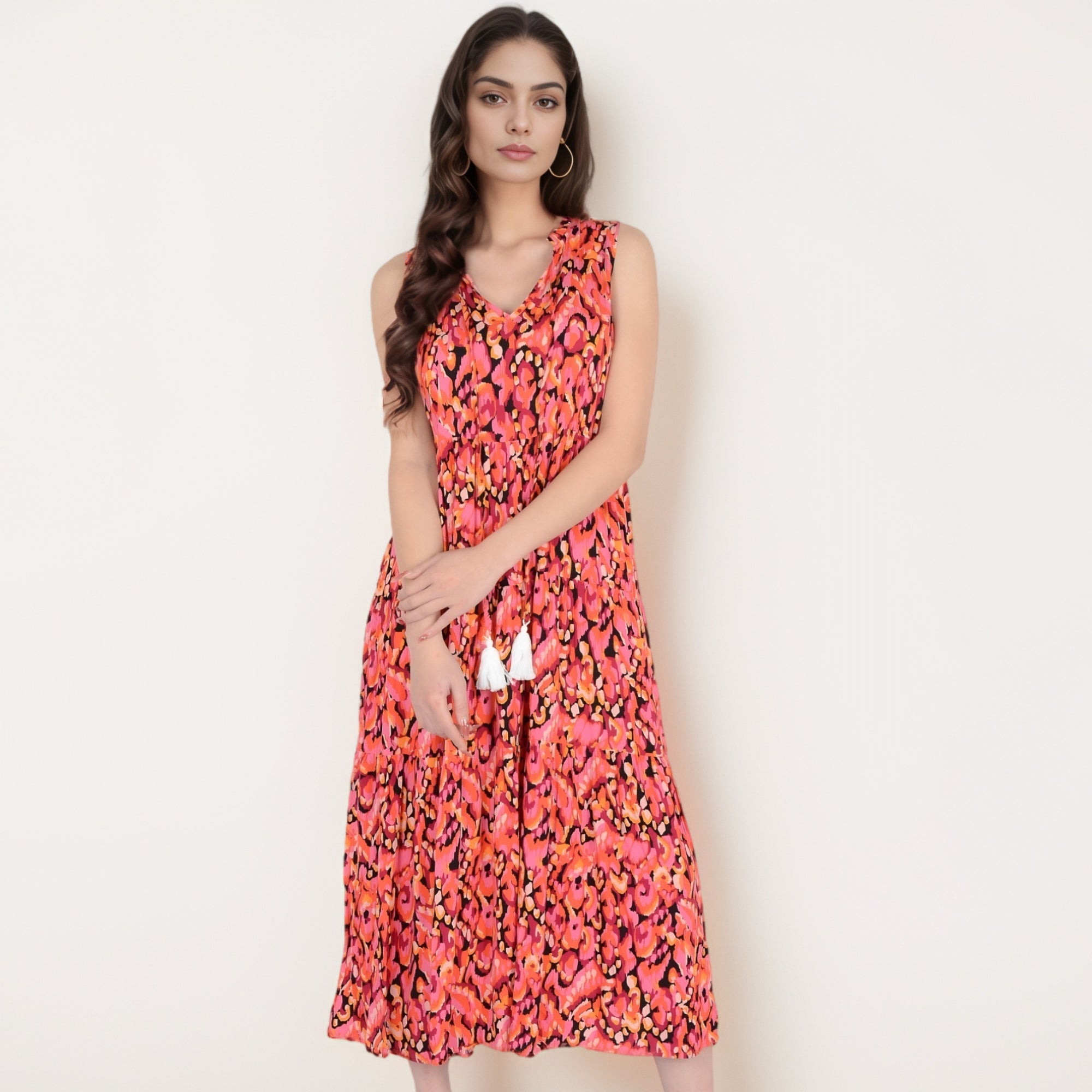 Anna-Kaci Women's Sleeveless Tiered Maxi Dress with Vibrant Abstract Print and Tassel Tie Detail
