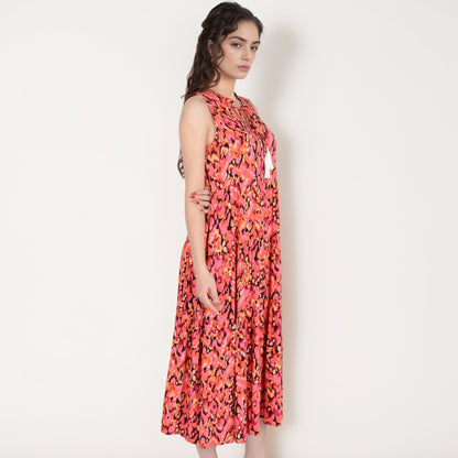 Anna-Kaci Women's Sleeveless Tiered Maxi Dress with Vibrant Abstract Print and Tassel Tie Detail