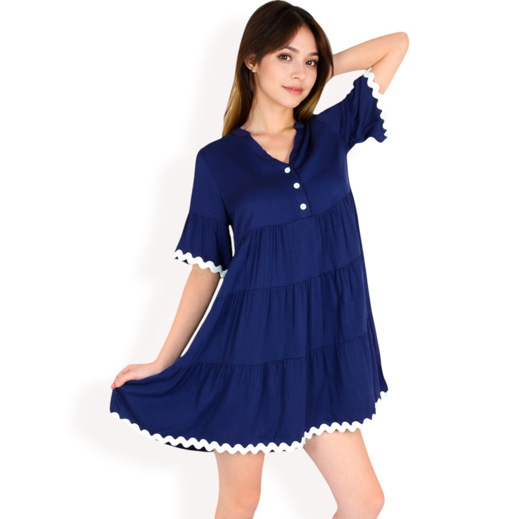 Anna-Kaci Women's Tiered Mini Dress with Button Front Flutter Sleeves Contrast Trim Details