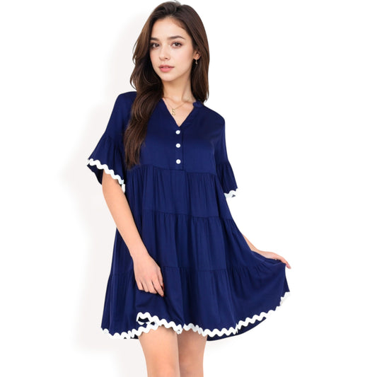 Anna-Kaci Women's Tiered Mini Dress with Button Front Flutter Sleeves Contrast Trim Details
