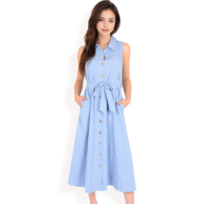 Anna-Kaci Women's Sleeveless Button-Down Midi Dress with Waist Tie and Collared Neckline