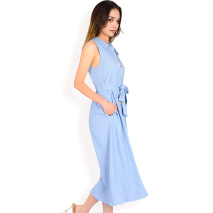 Anna-Kaci Women's Sleeveless Button-Down Midi Dress with Waist Tie and Collared Neckline