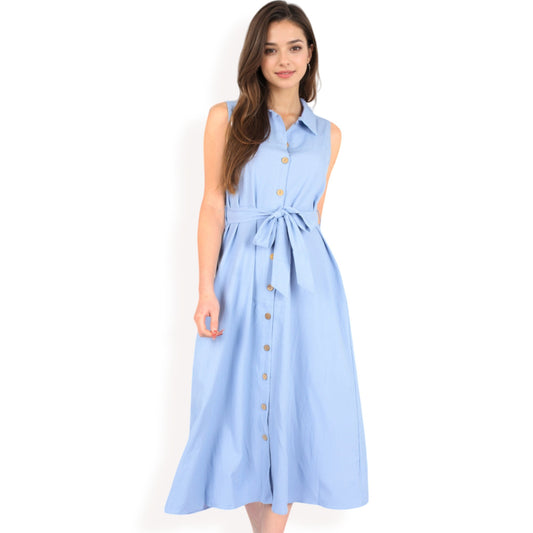 Anna-Kaci Women's Sleeveless Button-Down Midi Dress with Waist Tie and Collared Neckline