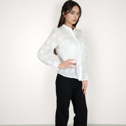 Anna-Kaci Women's Sheer Floral Long Sleeve Blouse with Mandarin Collar and Subtle Embroidered Detail