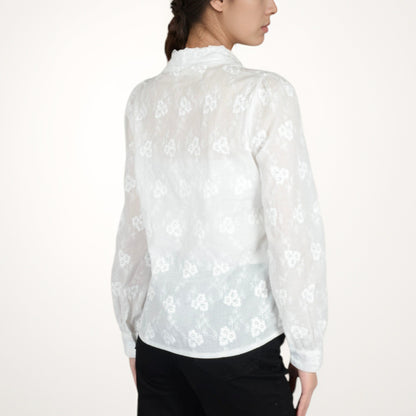 Anna-Kaci Women's Sheer Floral Long Sleeve Blouse with Mandarin Collar and Subtle Embroidered Detail