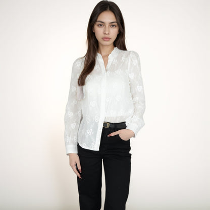 Anna-Kaci Women's Sheer Floral Long Sleeve Blouse with Mandarin Collar and Subtle Embroidered Detail