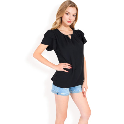 Anna-Kaci Women's Flutter Sleeve Top with Keyhole Neckline and Lightweight Textured Fabric