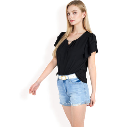 Anna-Kaci Women's Flutter Sleeve Top with Keyhole Neckline and Lightweight Textured Fabric