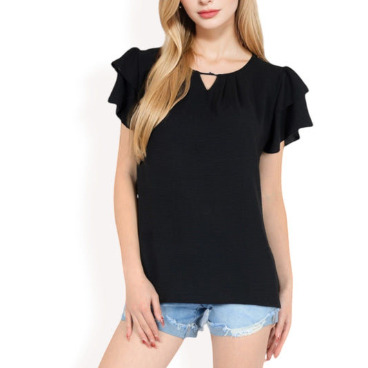 Anna-Kaci Women's Flutter Sleeve Top with Keyhole Neckline and Lightweight Textured Fabric