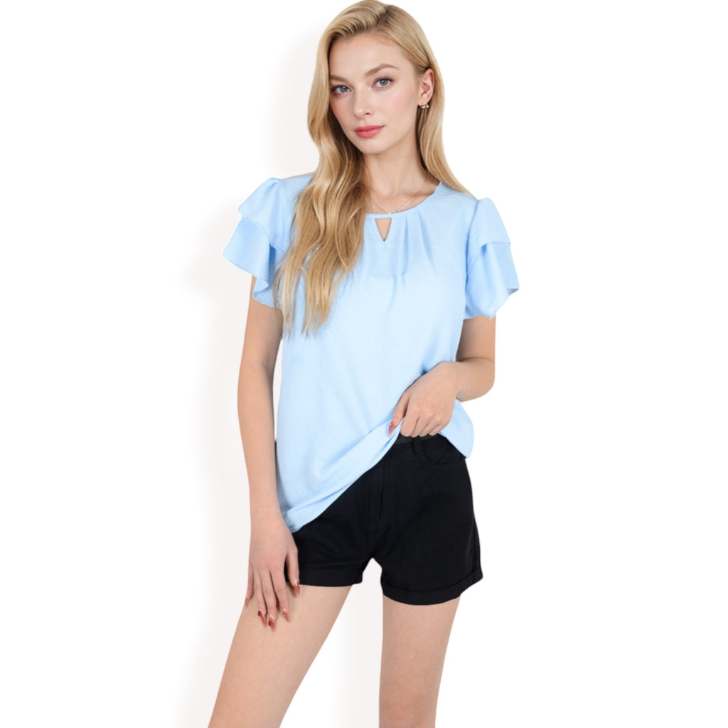 Anna-Kaci Women's Flutter Sleeve Top with Keyhole Neckline and Lightweight Textured Fabric