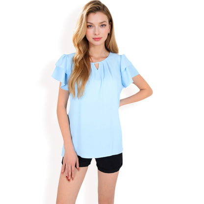 Anna-Kaci Women's Flutter Sleeve Top with Keyhole Neckline and Lightweight Textured Fabric
