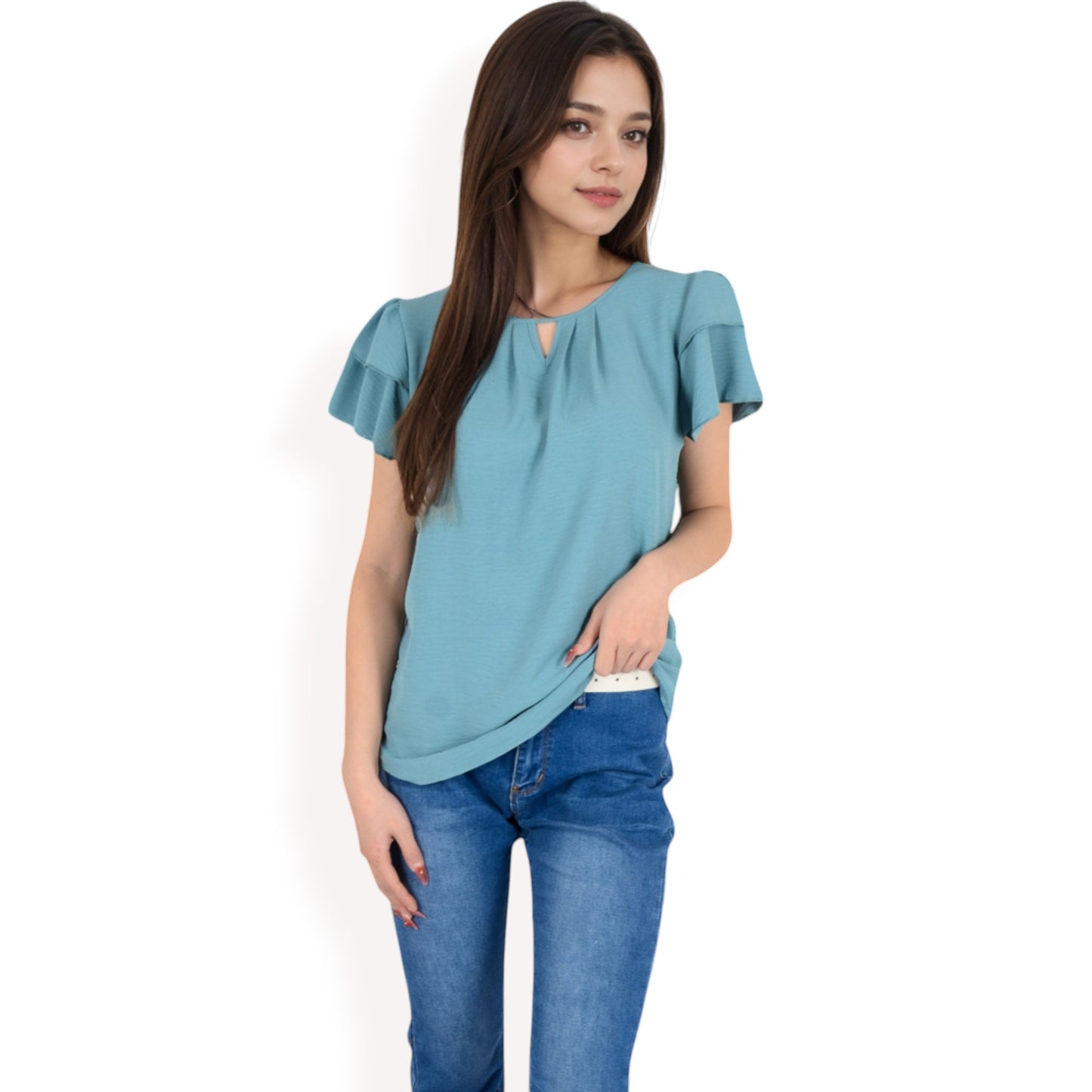 Anna-Kaci Women's Flutter Sleeve Top with Keyhole Neckline and Lightweight Textured Fabric