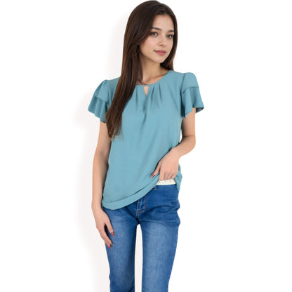 Anna-Kaci Women's Flutter Sleeve Top with Keyhole Neckline and Lightweight Textured Fabric