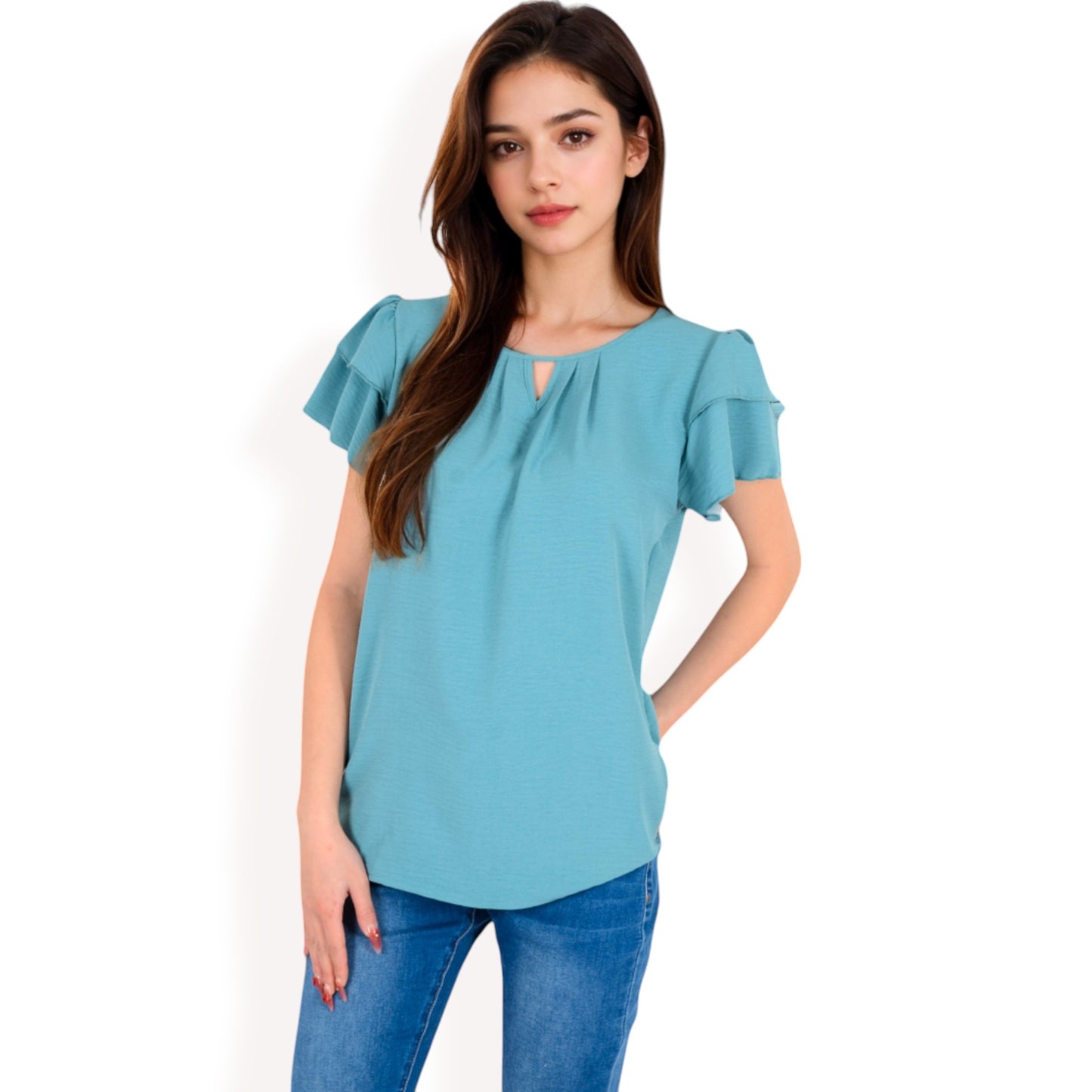 Anna-Kaci Women's Flutter Sleeve Top with Keyhole Neckline and Lightweight Textured Fabric