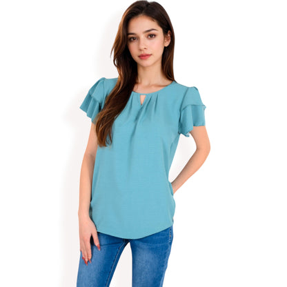Anna-Kaci Women's Flutter Sleeve Top with Keyhole Neckline and Lightweight Textured Fabric
