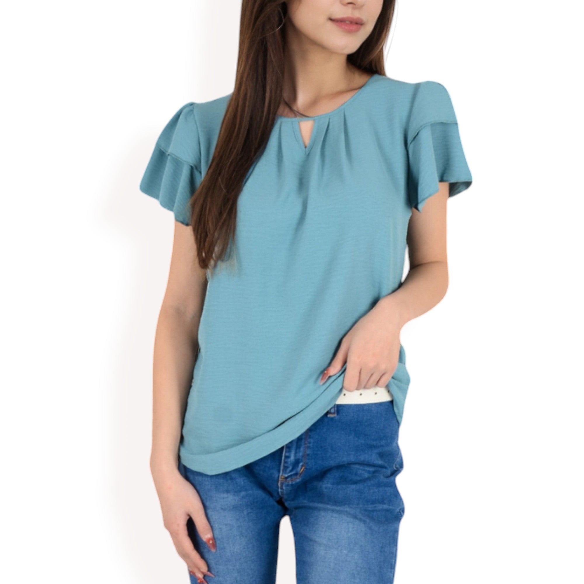 Anna-Kaci Women's Flutter Sleeve Top with Keyhole Neckline and Lightweight Textured Fabric