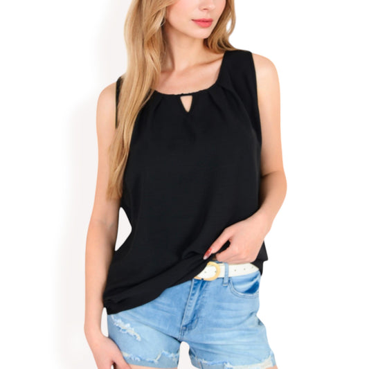 Anna-Kaci Women's Sleeveless Keyhole Top with Pleated Front Detail and Lightweight Textured Fabric