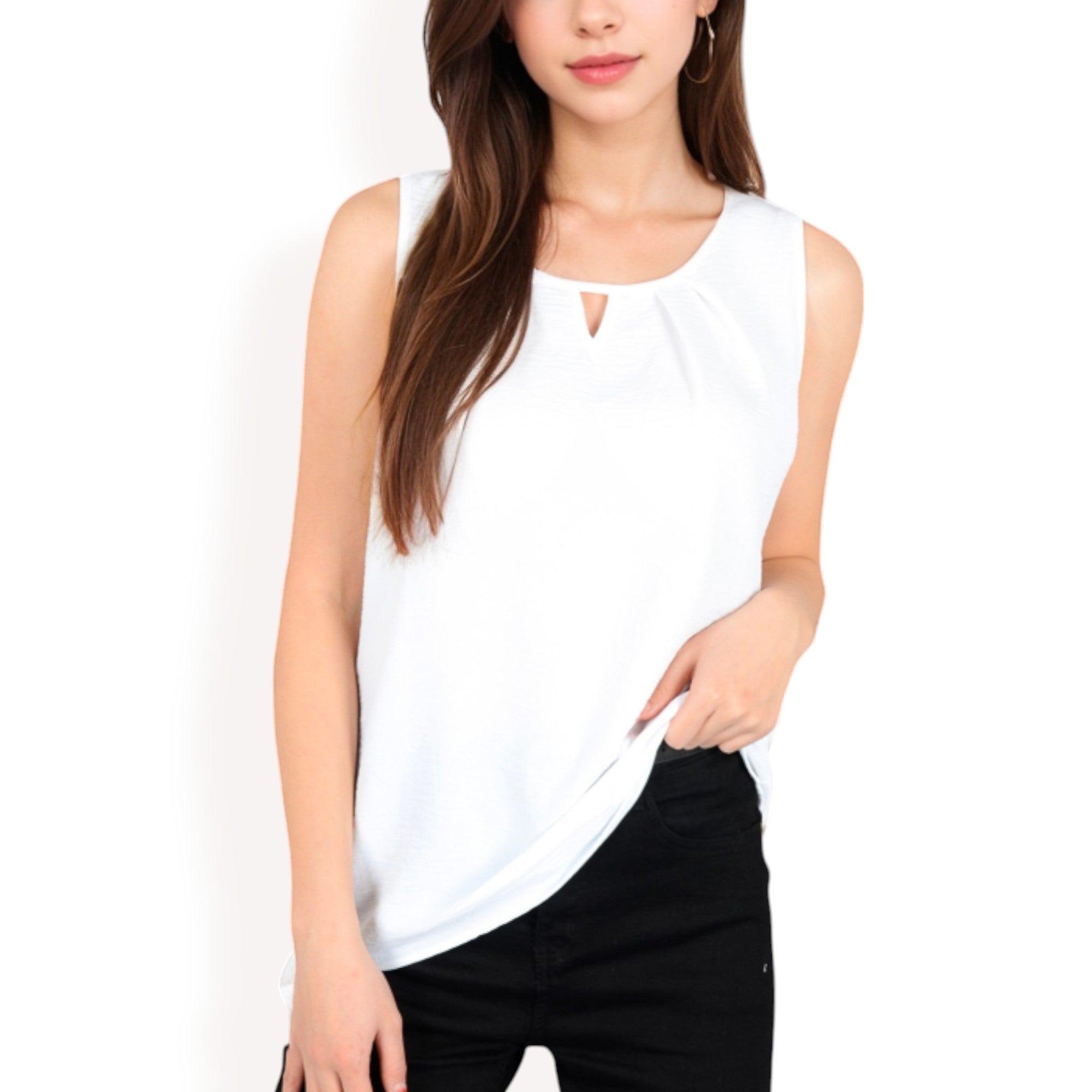 Anna-Kaci Women's Sleeveless Keyhole Top with Pleated Front Detail and Lightweight Textured Fabric
