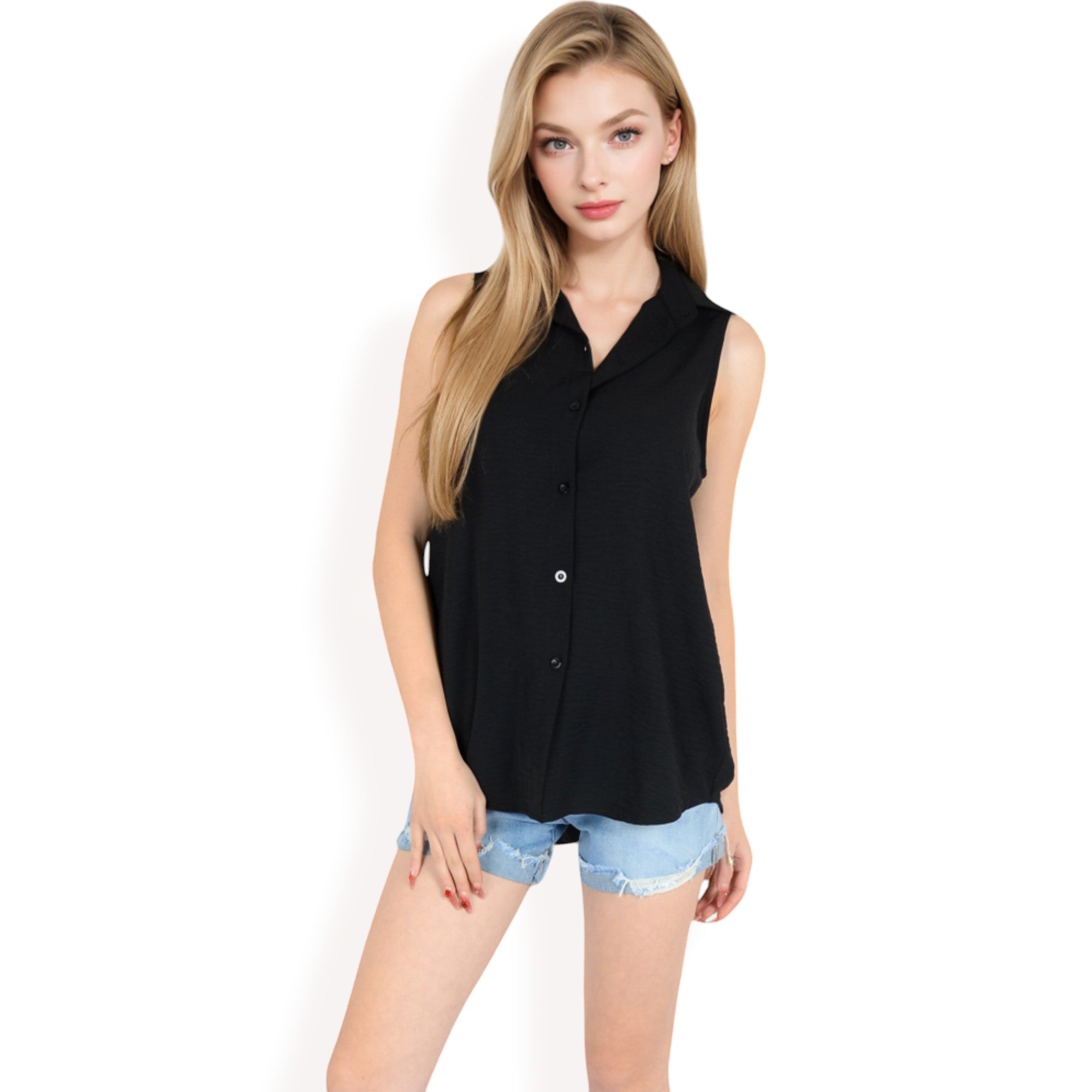 Anna-Kaci Women's Sleeveless Button-Down Collared Top with Lightweight Textured Fabric and Classic Design
