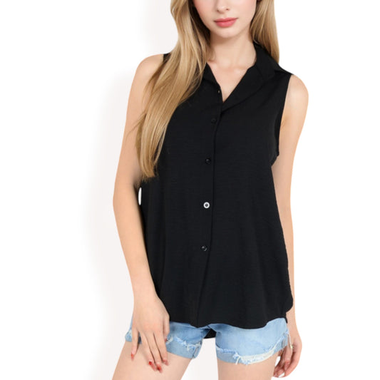 Anna-Kaci Women's Sleeveless Button-Down Collared Top with Lightweight Textured Fabric and Classic Design