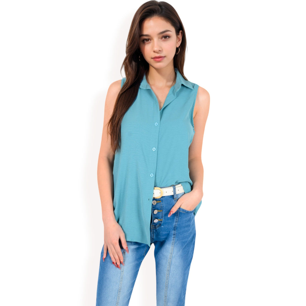 Anna-Kaci Women's Sleeveless Button-Down Collared Top with Lightweight Textured Fabric and Classic Design