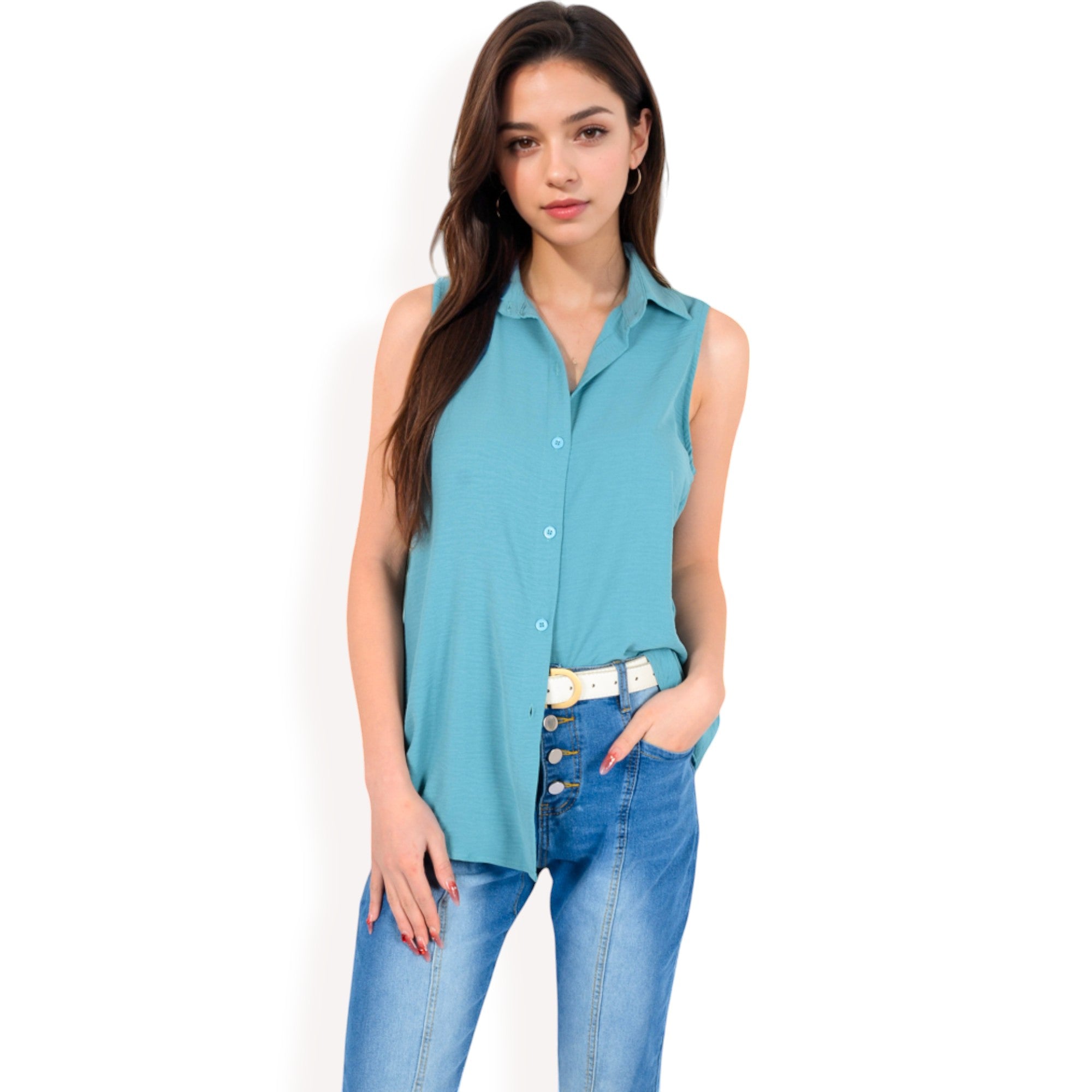 Anna-Kaci Women's Sleeveless Button-Down Collared Top with Lightweight Textured Fabric and Classic Design