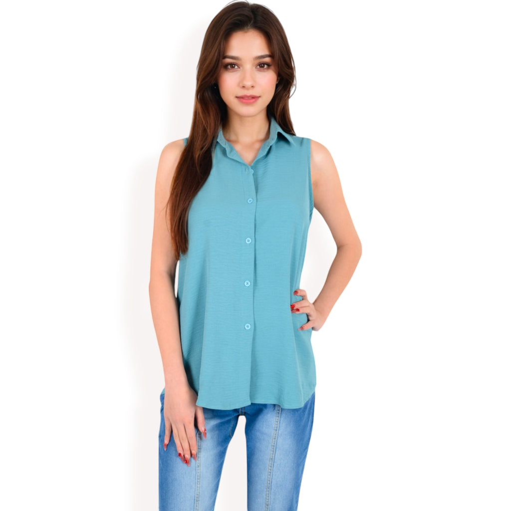 Anna-Kaci Women's Sleeveless Button-Down Collared Top with Lightweight Textured Fabric and Classic Design