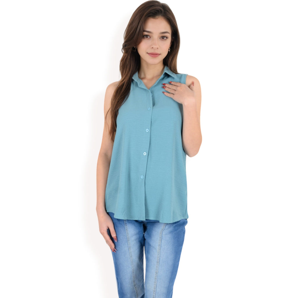 Anna-Kaci Women's Sleeveless Button-Down Collared Top with Lightweight Textured Fabric and Classic Design