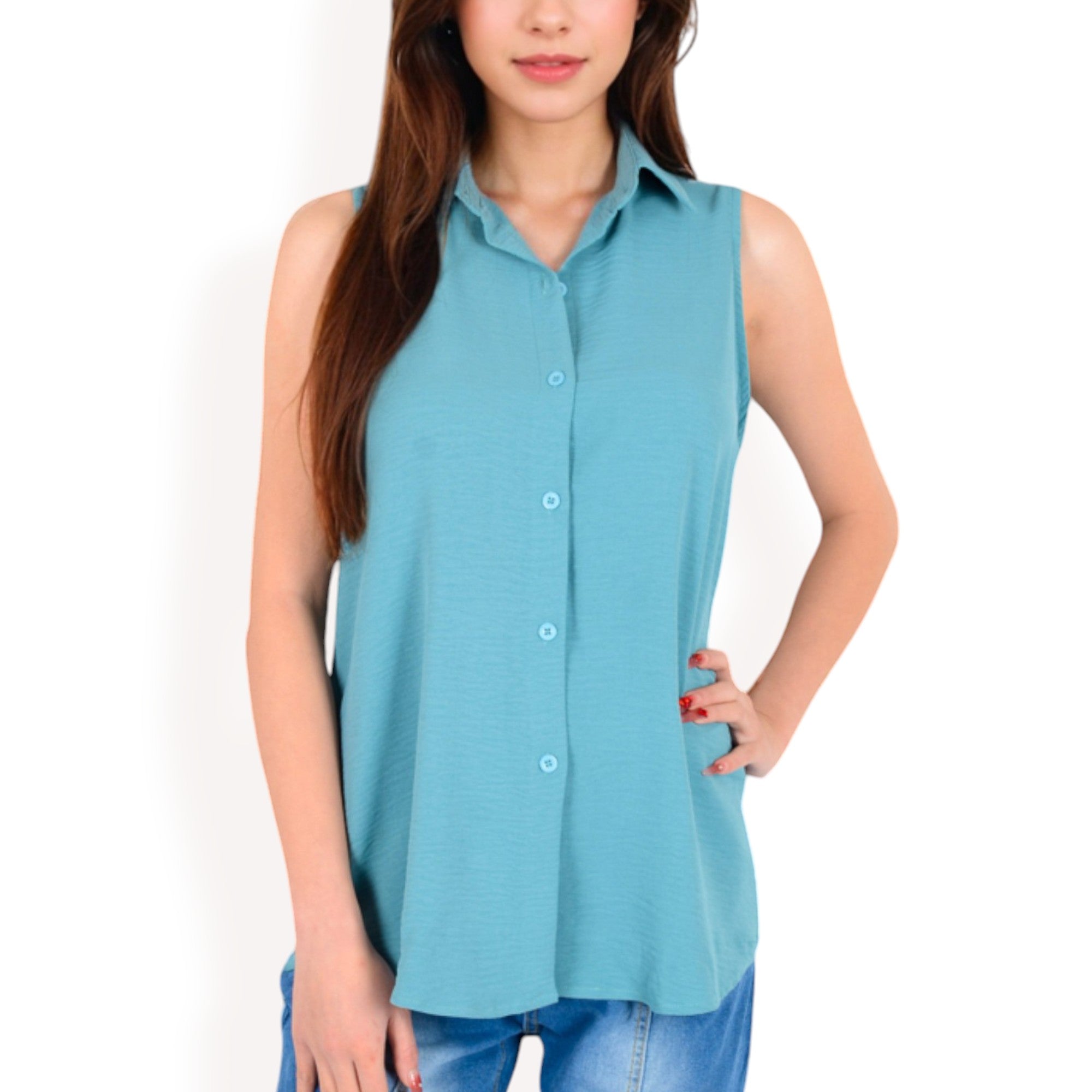 Anna-Kaci Women's Sleeveless Button-Down Collared Top with Lightweight Textured Fabric and Classic Design