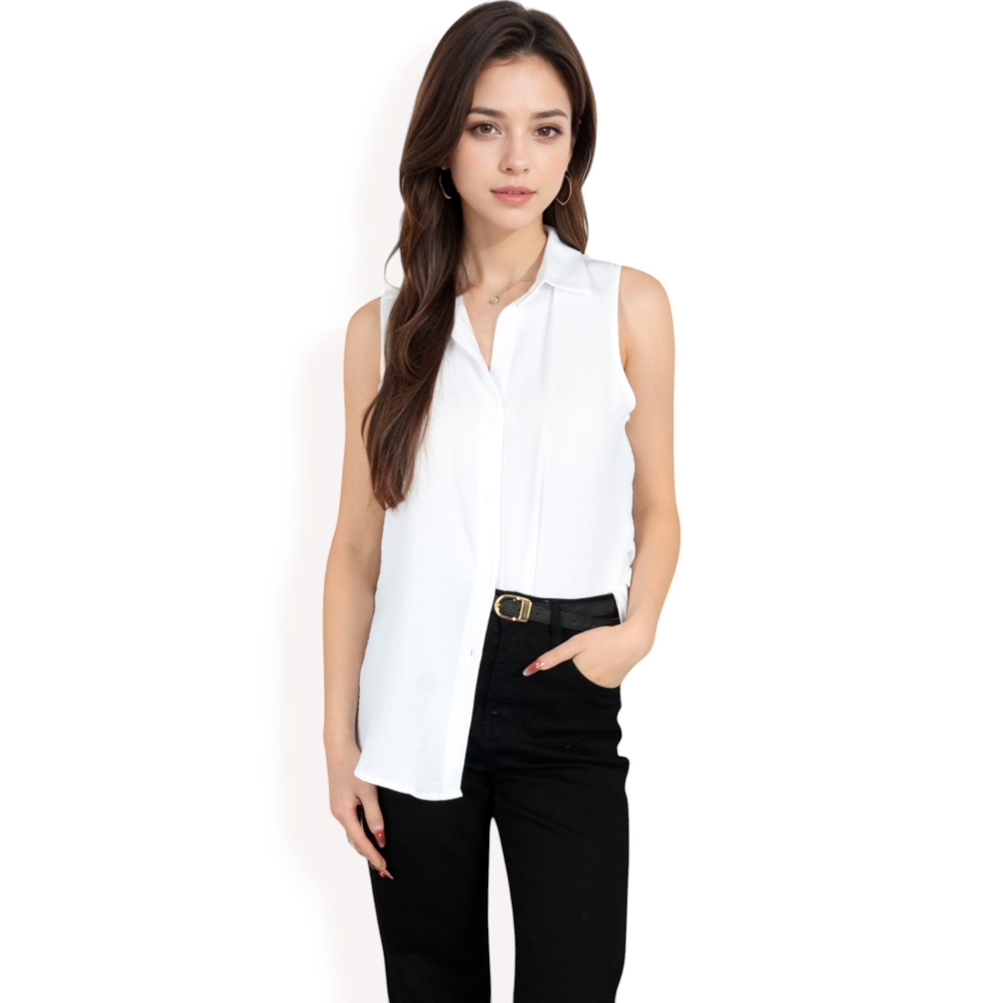 Anna-Kaci Women's Sleeveless Button-Down Collared Top with Lightweight Textured Fabric and Classic Design