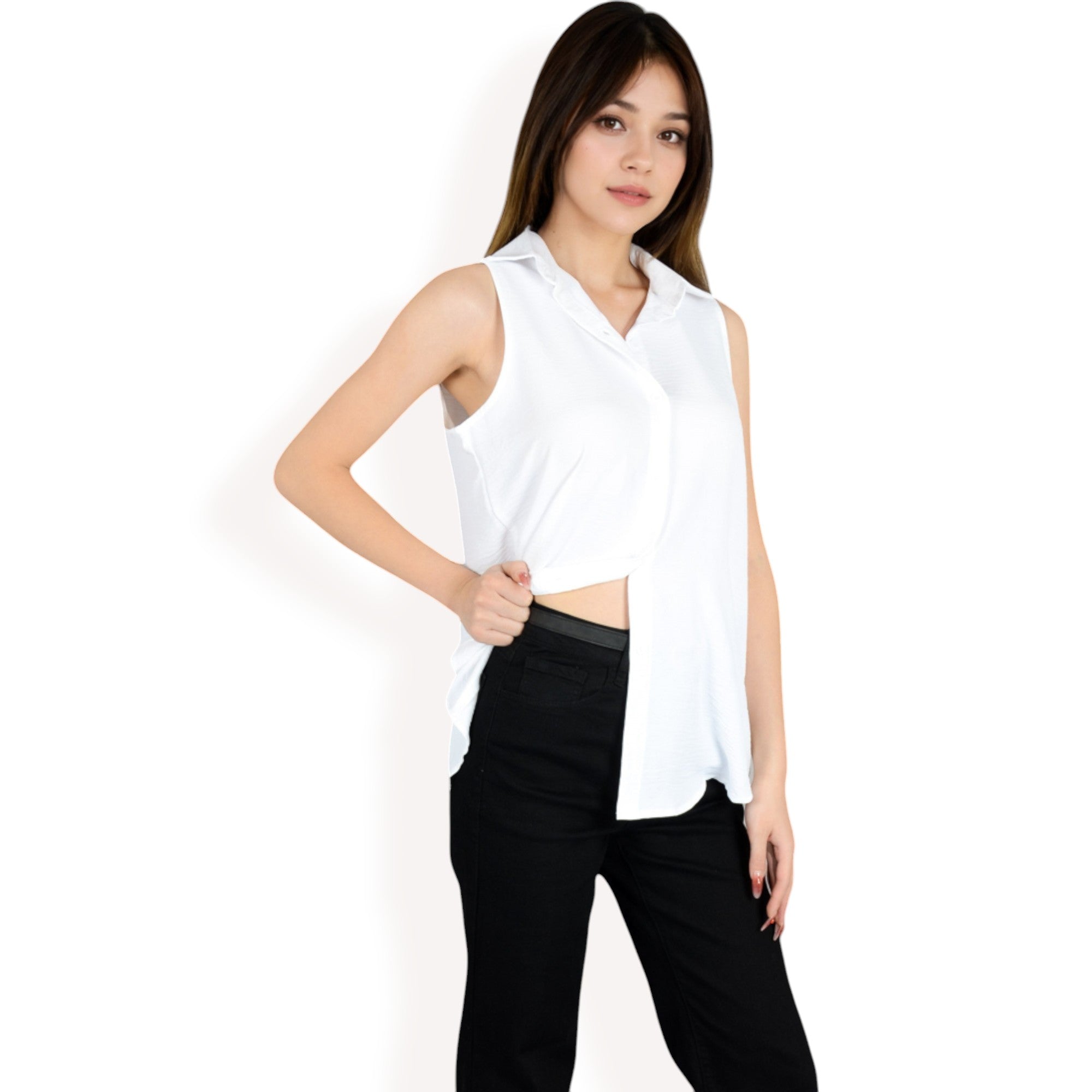 Anna-Kaci Women's Sleeveless Button-Down Collared Top with Lightweight Textured Fabric and Classic Design