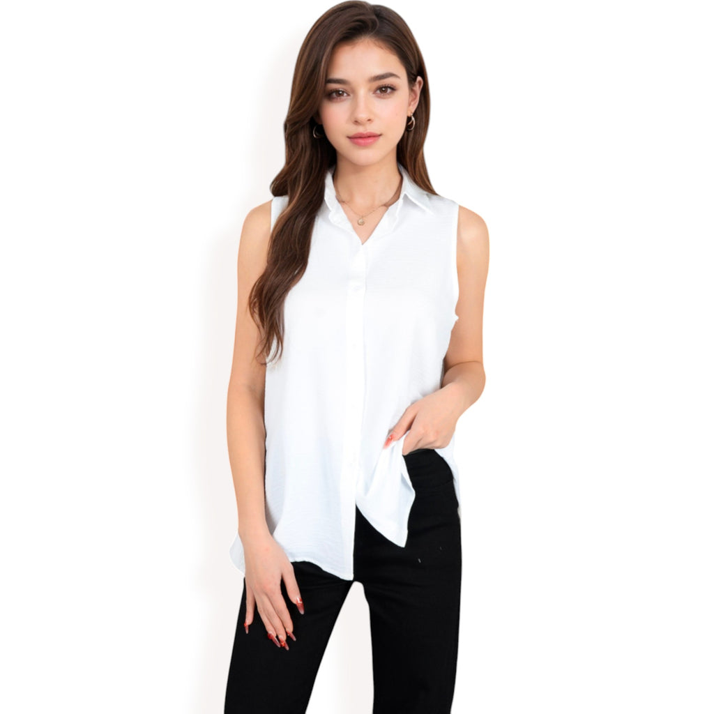 Anna-Kaci Women's Sleeveless Button-Down Collared Top with Lightweight Textured Fabric and Classic Design