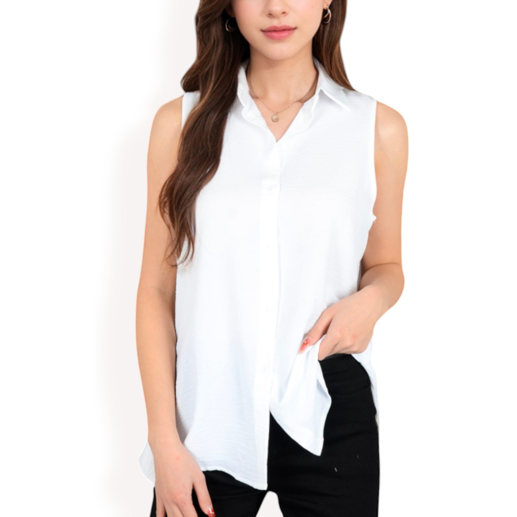 Anna-Kaci Women's Sleeveless Button-Down Collared Top with Lightweight Textured Fabric and Classic Design