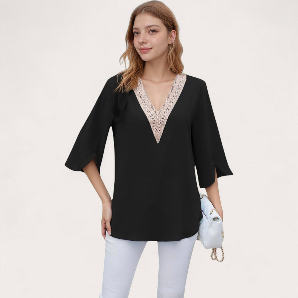 Anna-Kaci Women's V-Neck Blouse with Lace Trim Detail and 3/4 Split Sleeves Relaxed Fit