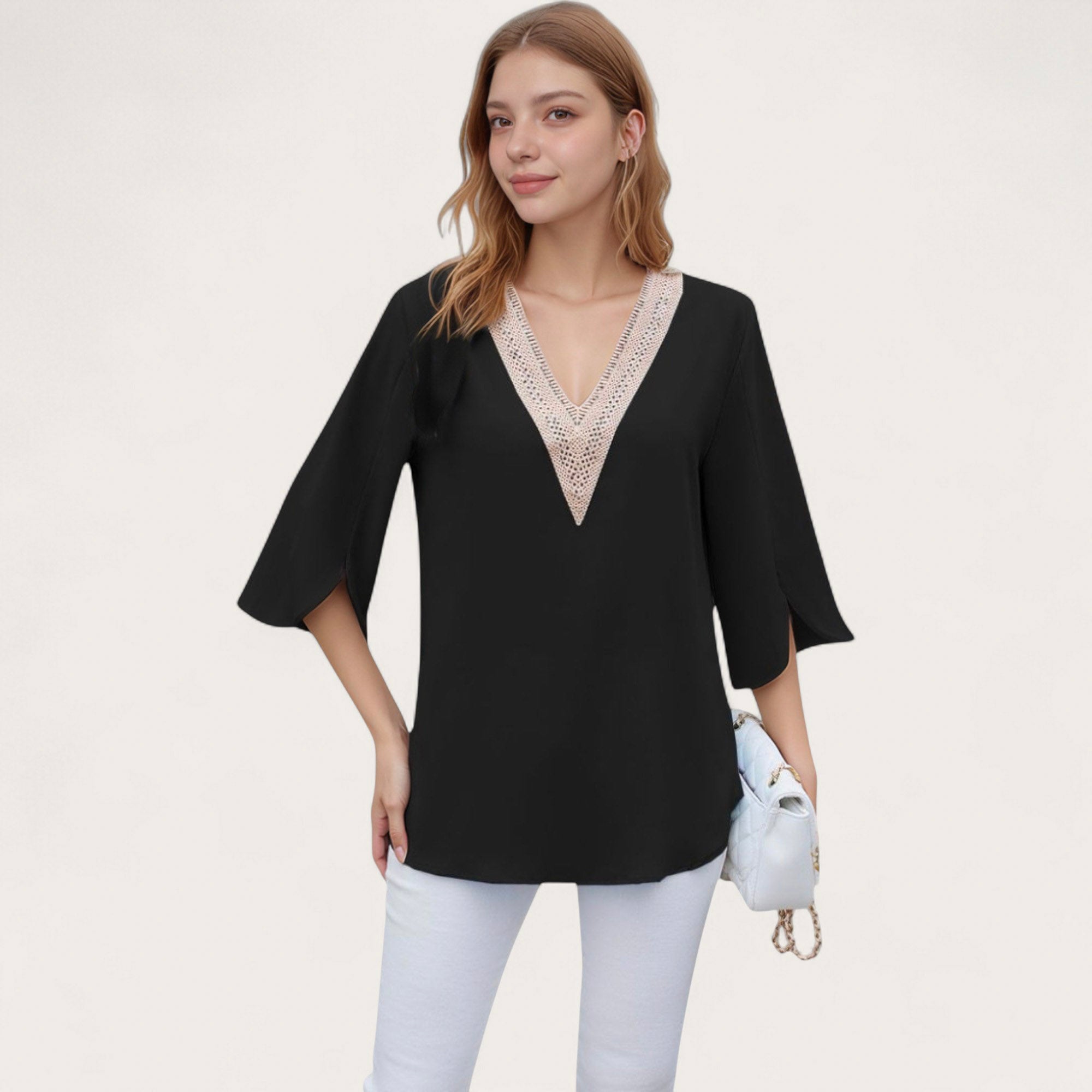 Anna-Kaci Women's V-Neck Blouse with Lace Trim Detail and 3/4 Split Sleeves Relaxed Fit