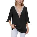 Anna-Kaci Women's V-Neck Blouse with Lace Trim Detail and 3/4 Split Sleeves Relaxed Fit