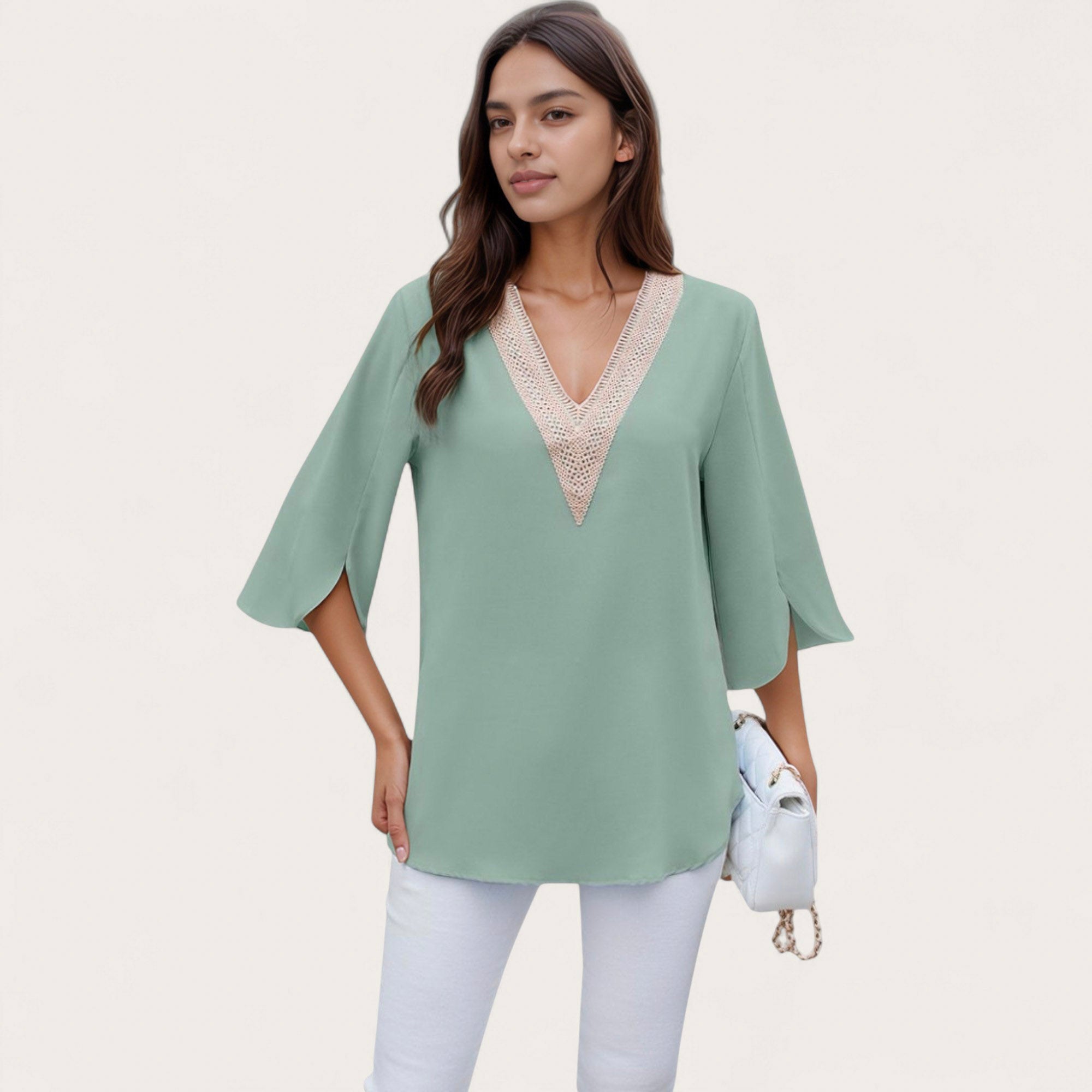 Anna-Kaci Women's V-Neck Blouse with Lace Trim Detail and 3/4 Split Sleeves Relaxed Fit
