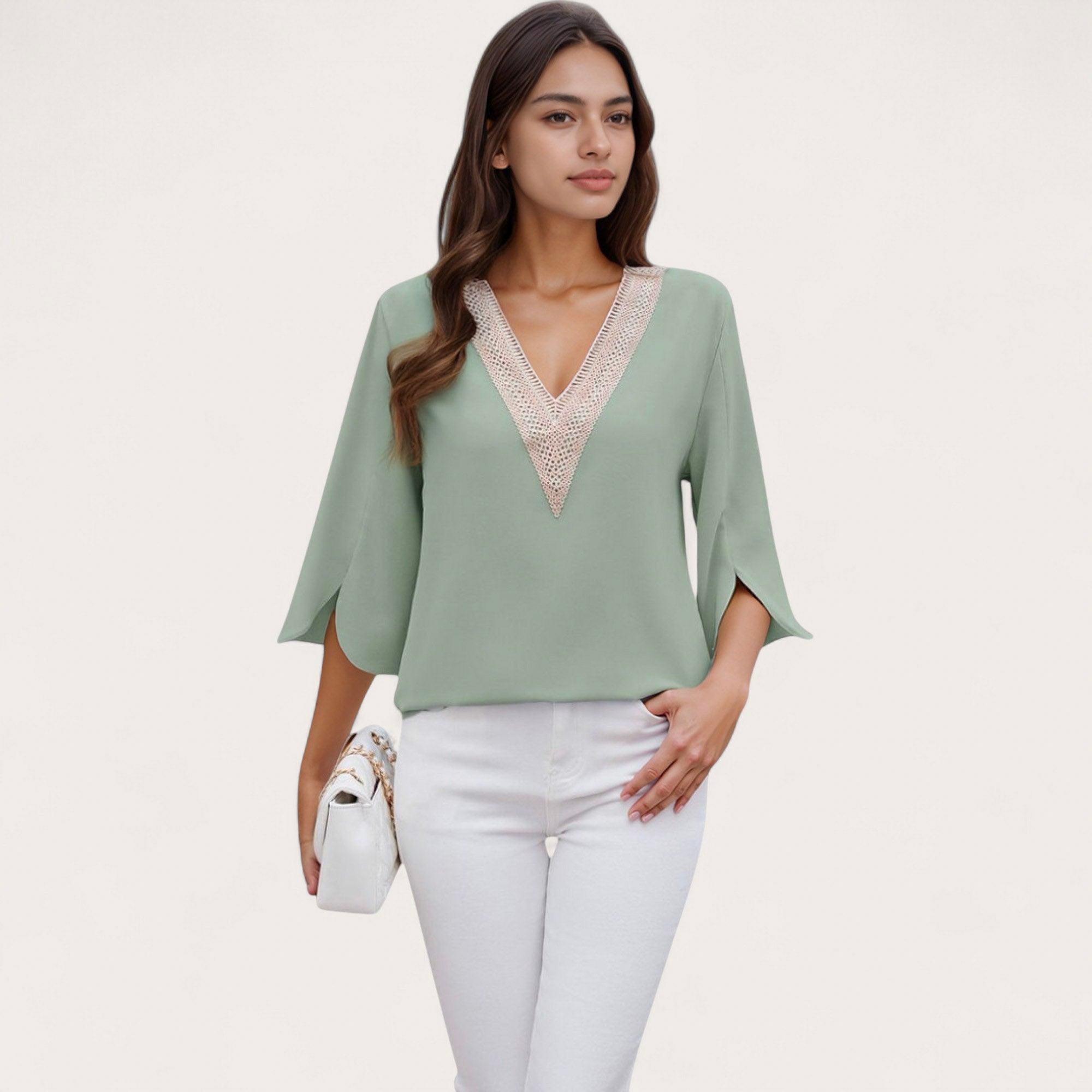 Anna-Kaci Women's V-Neck Blouse with Lace Trim Detail and 3/4 Split Sleeves Relaxed Fit