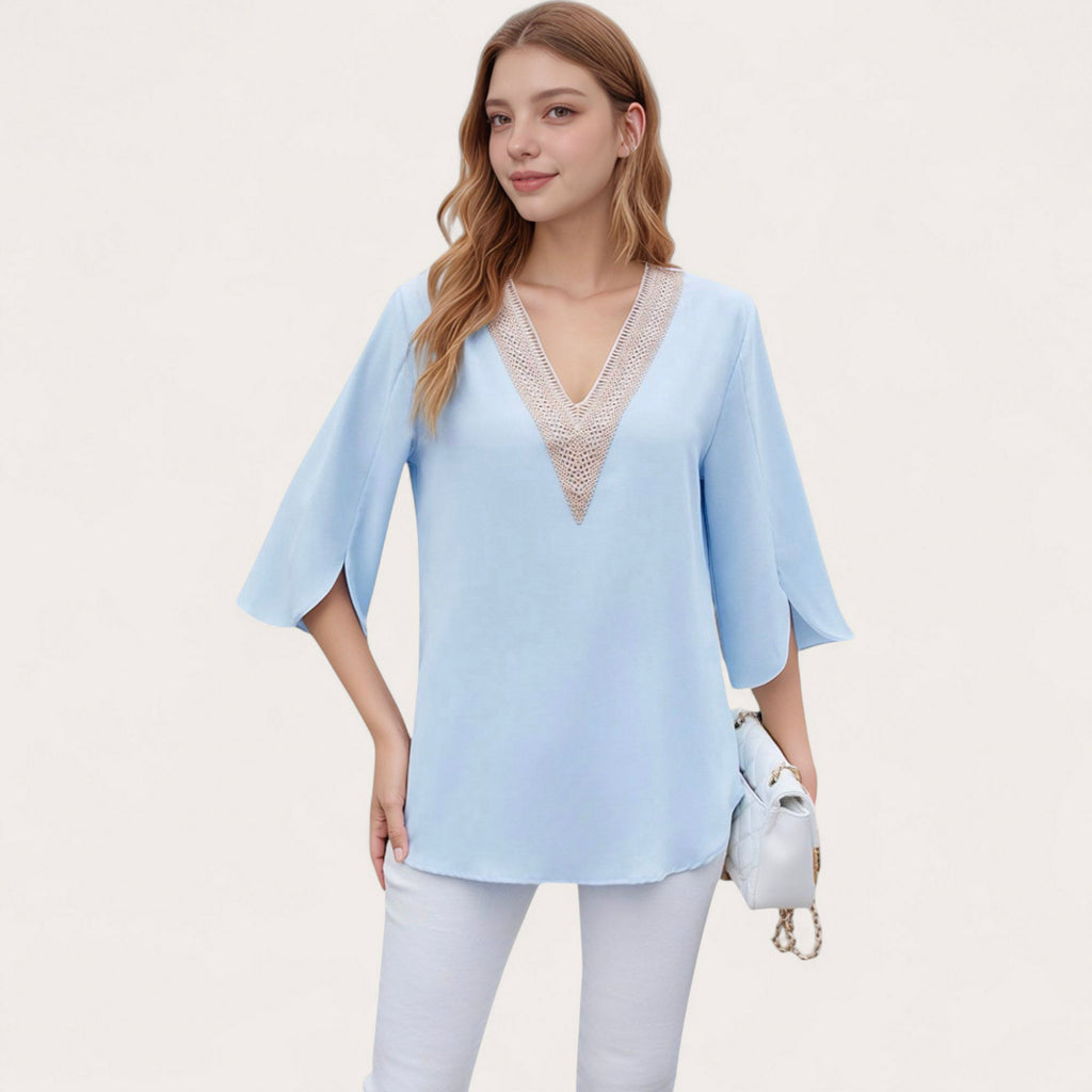 Anna-Kaci Women's V-Neck Blouse with Lace Trim Detail and 3/4 Split Sleeves Relaxed Fit