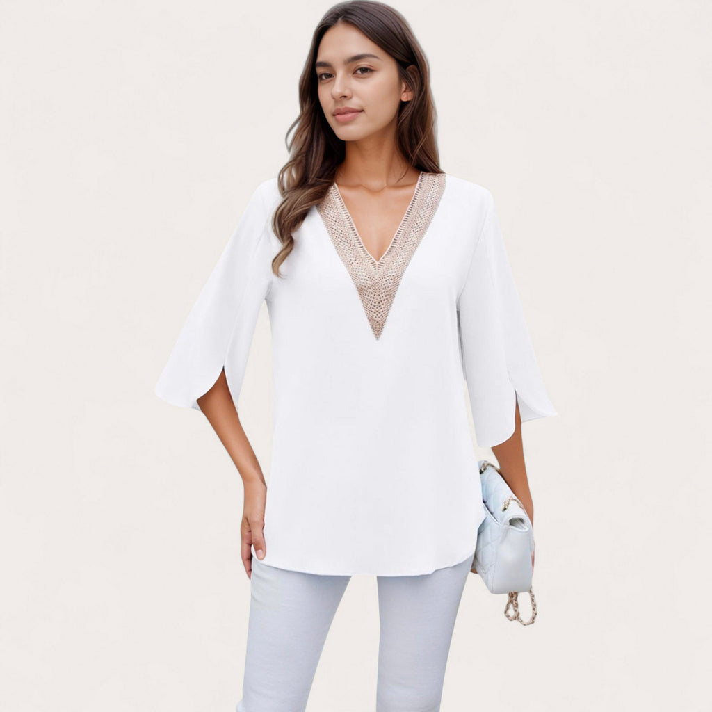 Anna-Kaci Women's V-Neck Blouse with Lace Trim Detail and 3/4 Split Sleeves Relaxed Fit