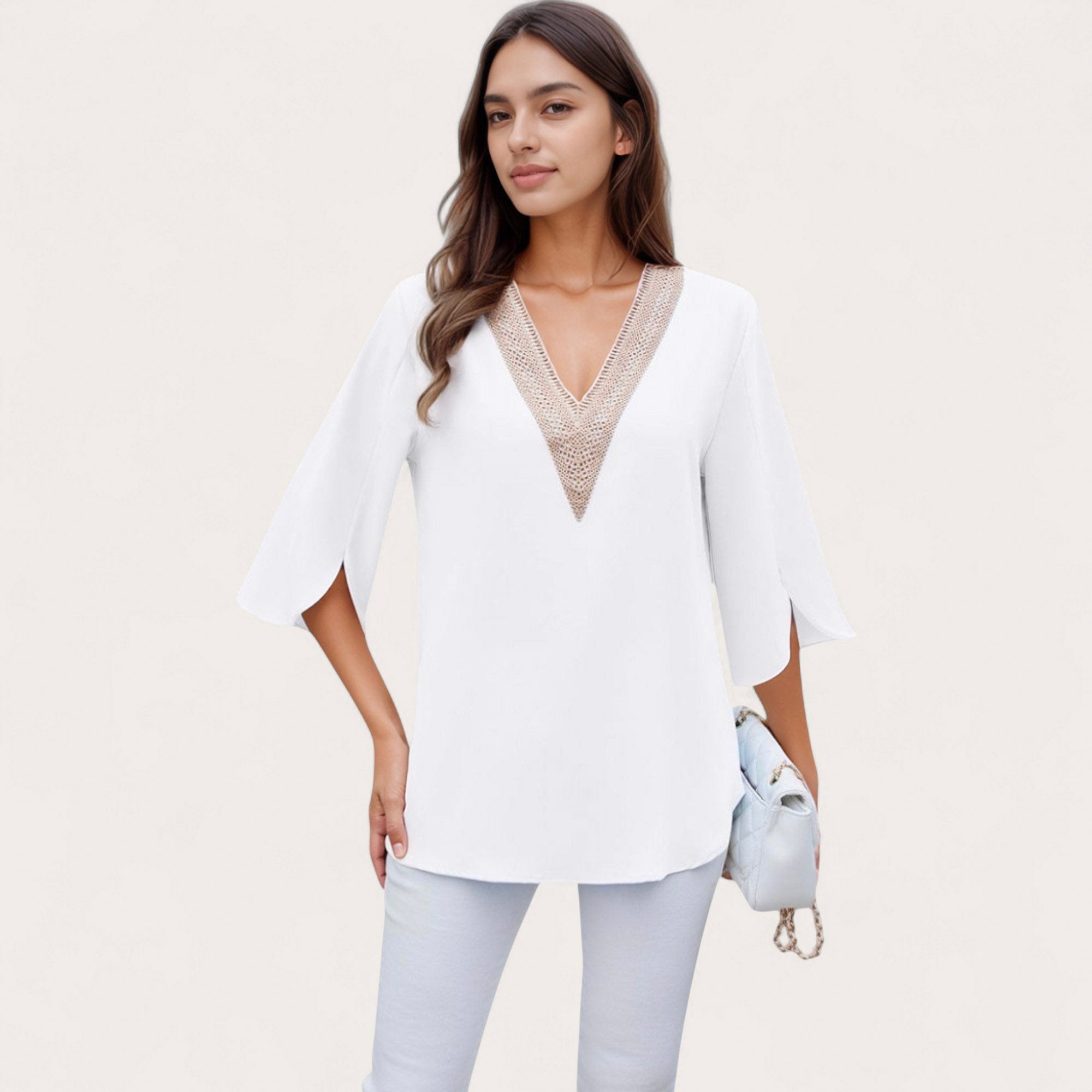 Anna-Kaci Women's V-Neck Blouse with Lace Trim Detail and 3/4 Split Sleeves Relaxed Fit