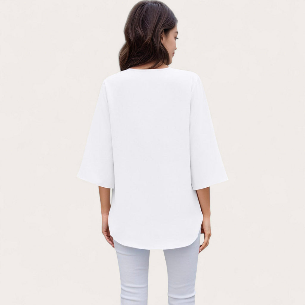 Anna-Kaci Women's V-Neck Blouse with Lace Trim Detail and 3/4 Split Sleeves Relaxed Fit