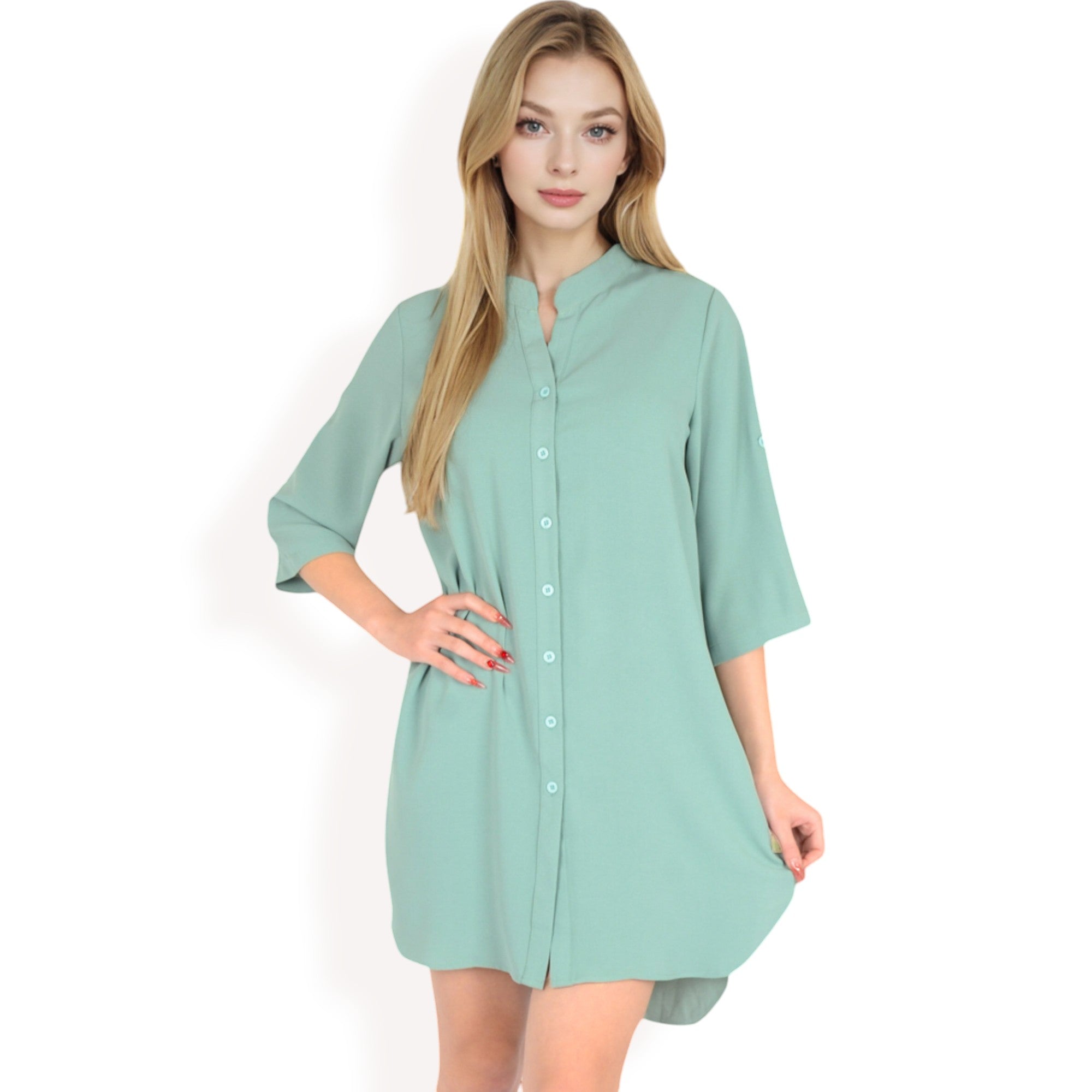 Anna-Kaci Women's Button-Down Roll-Up Sleeve Shirt Dress