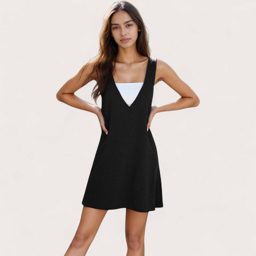 Anna-Kaci Women's Sleeveless V-Neck Mini Jumper Dress with Ribbed Knit Texture and A-Line Silhouette