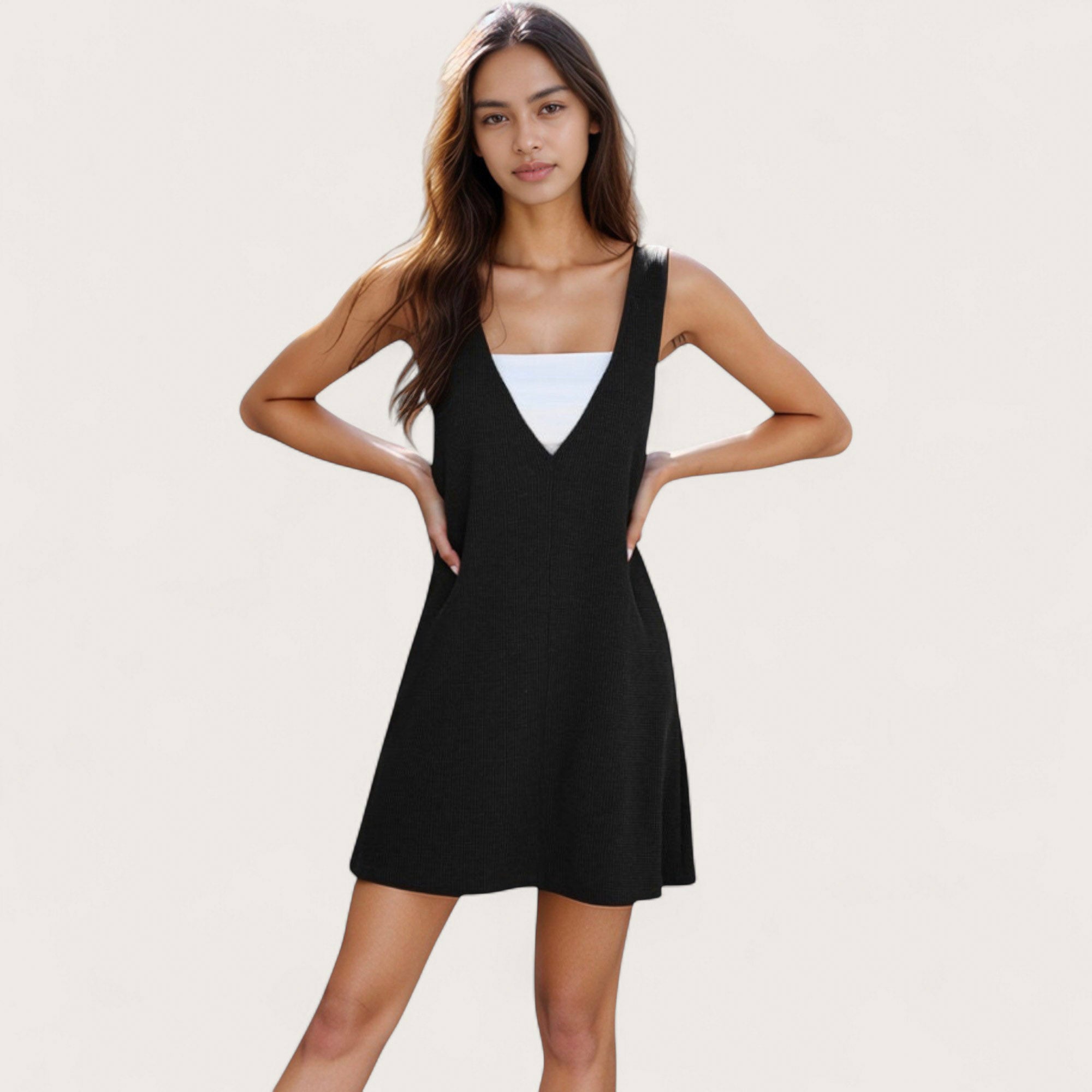 Anna-Kaci Women's Sleeveless V-Neck Mini Jumper Dress with Ribbed Knit Texture and A-Line Silhouette