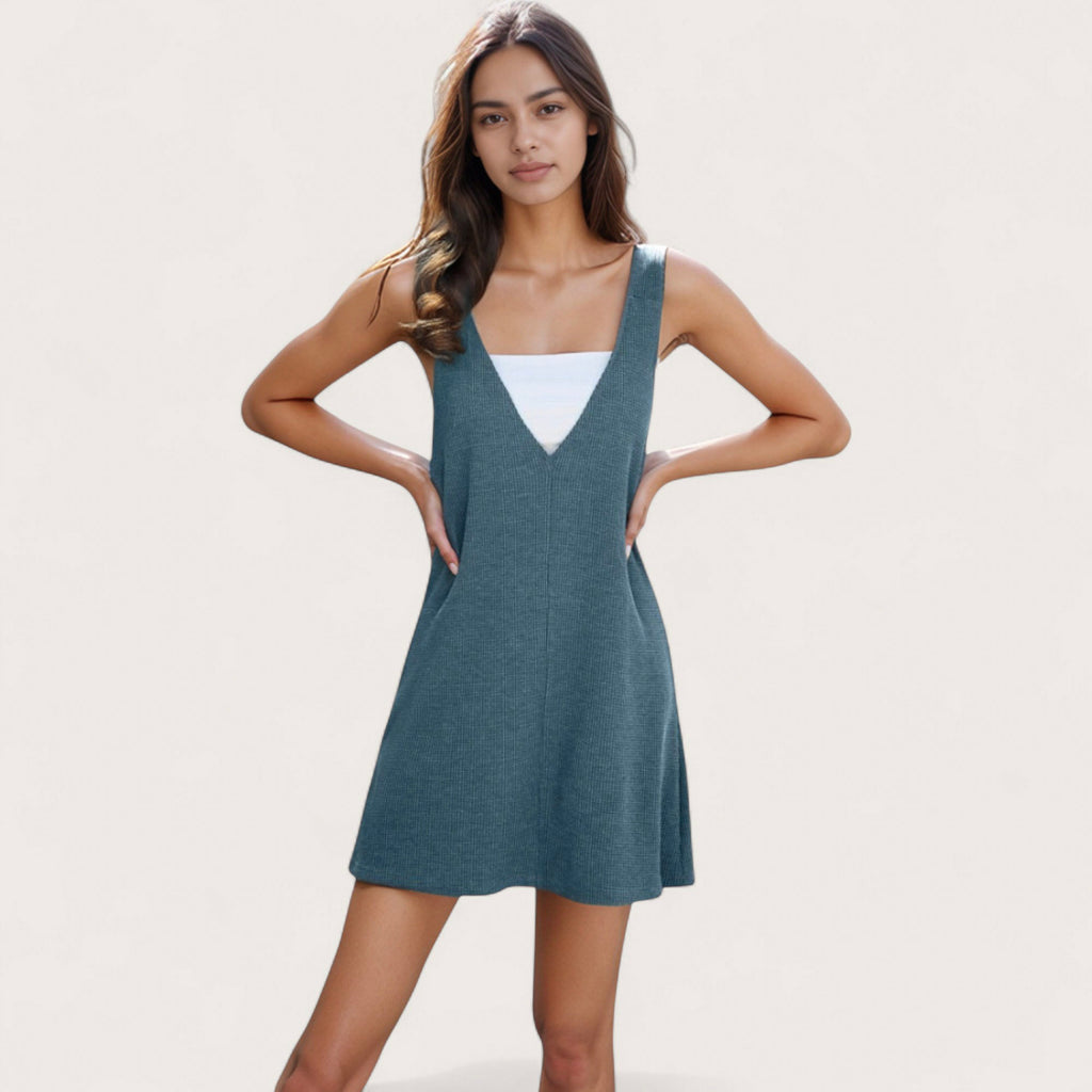 Anna-Kaci Women's Sleeveless V-Neck Mini Jumper Dress with Ribbed Knit Texture and A-Line Silhouette