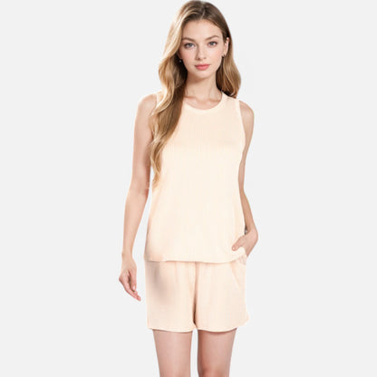 Anna-Kaci Women's Sleeveless Ribbed Lounge Set with Elastic Waist Shorts and Relaxed Fit