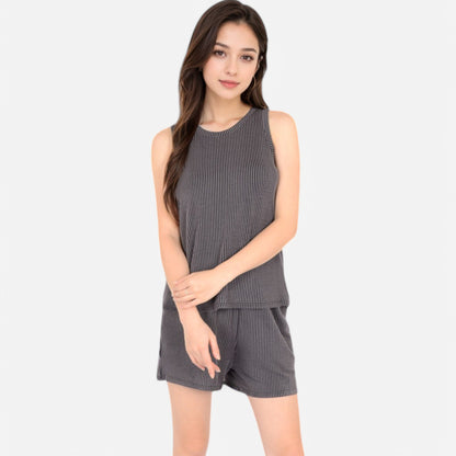 Anna-Kaci Women's Sleeveless Ribbed Lounge Set with Elastic Waist Shorts and Relaxed Fit