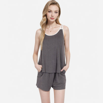 Anna-Kaci Women's Ribbed Lounge Set with Contrast Trim Sleeveless Top and Elastic Waist Shorts